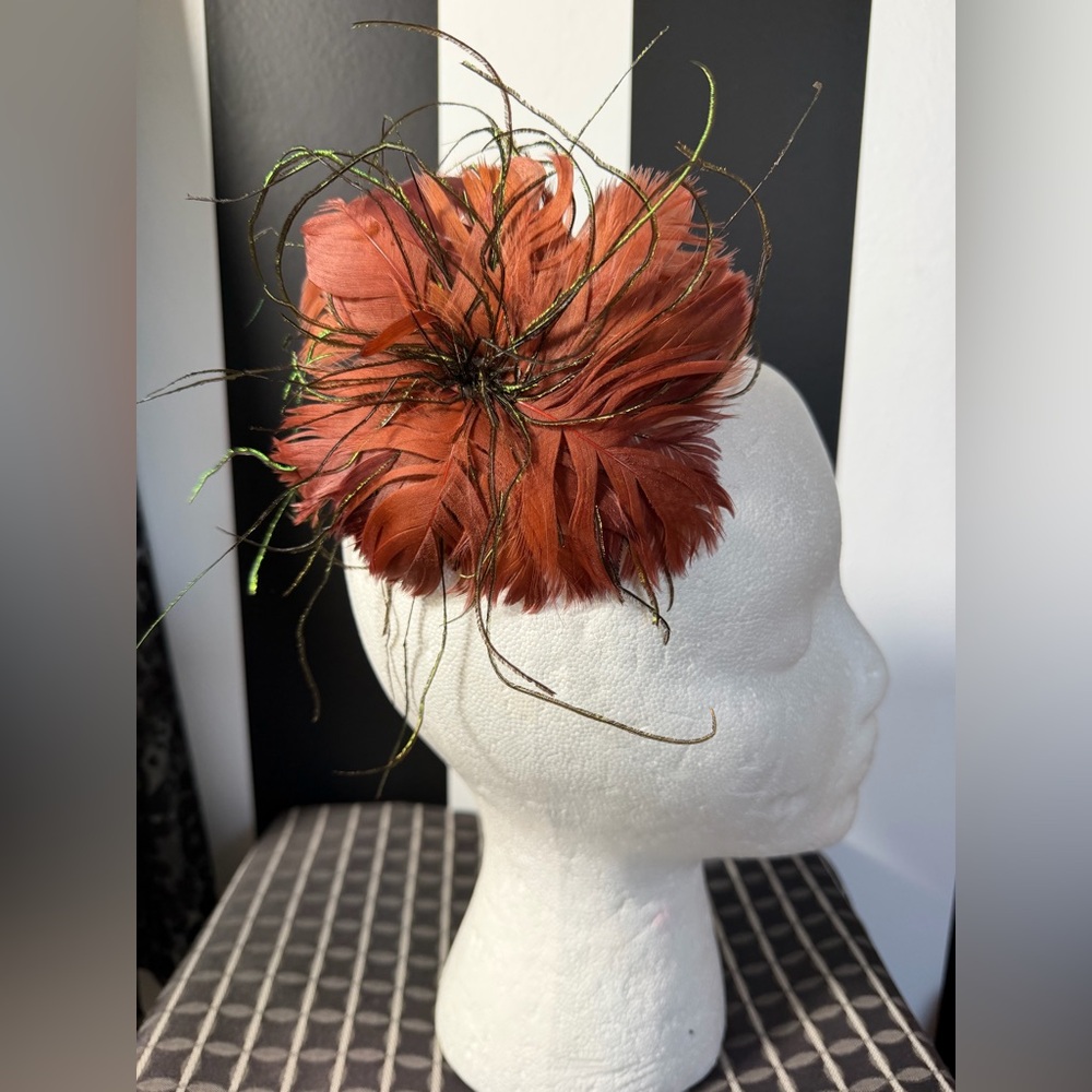 Feathered Burnt Orange Floral Fascinator Hair Clip and/or Brooch Pin
